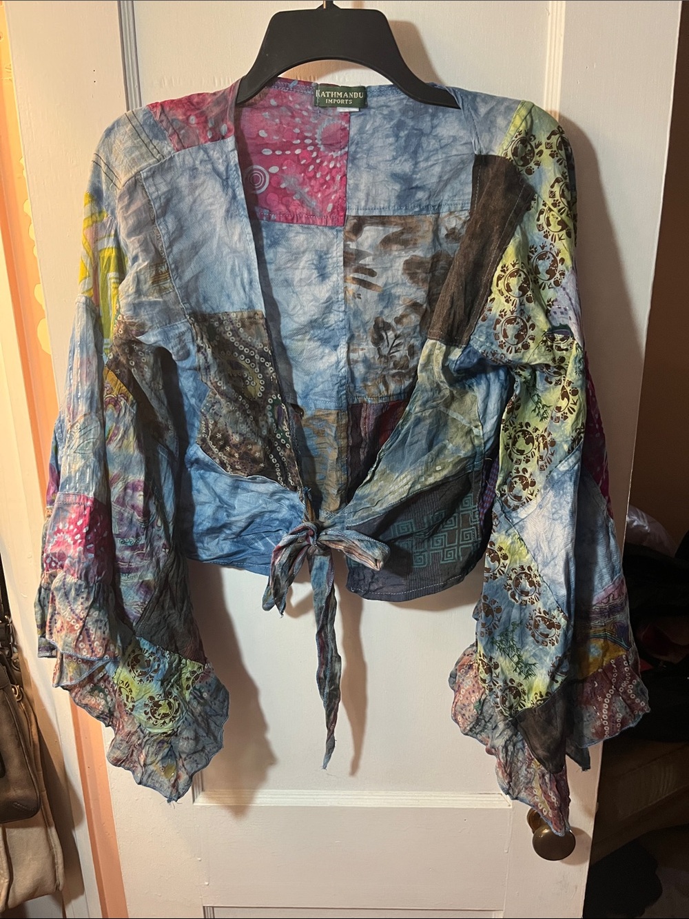 Antik Batik Multicolor Patchwork Tie-Front Boho Blouse
